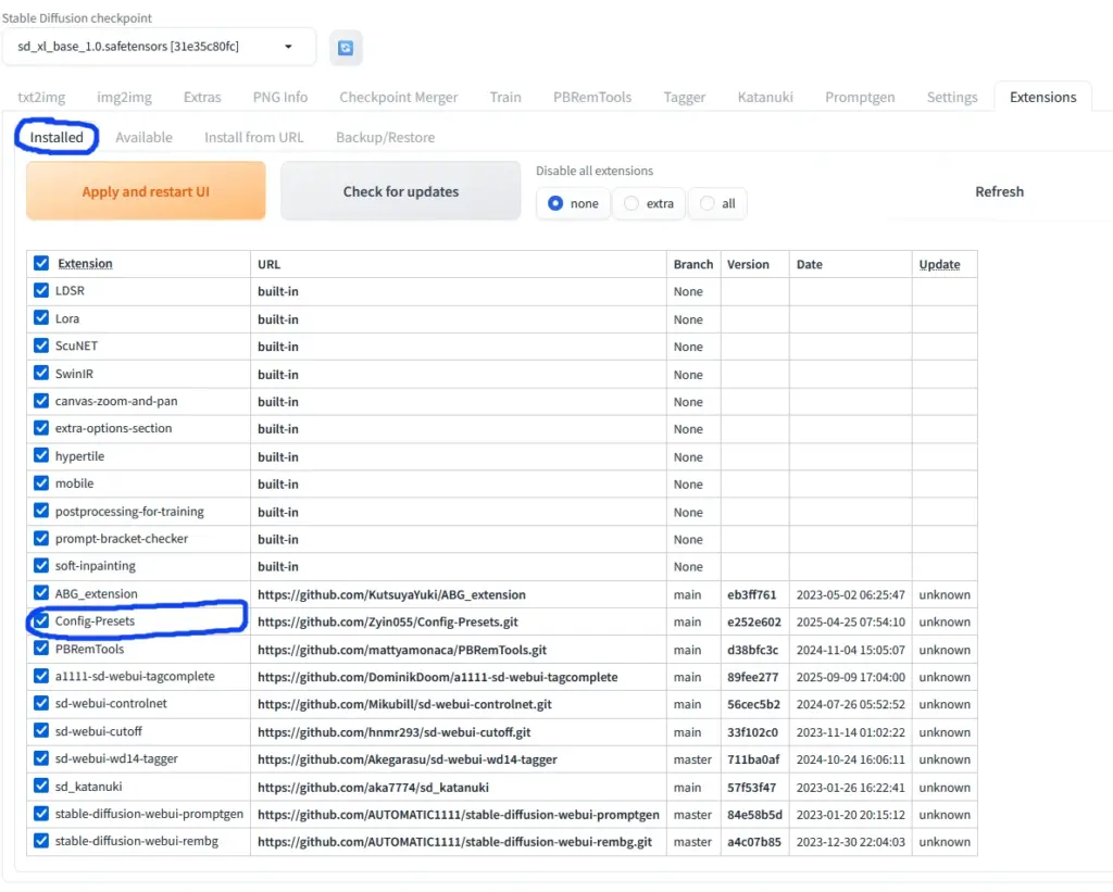 Stable Diffusion Web UIに拡張機能「Config-Presets」をインストールする